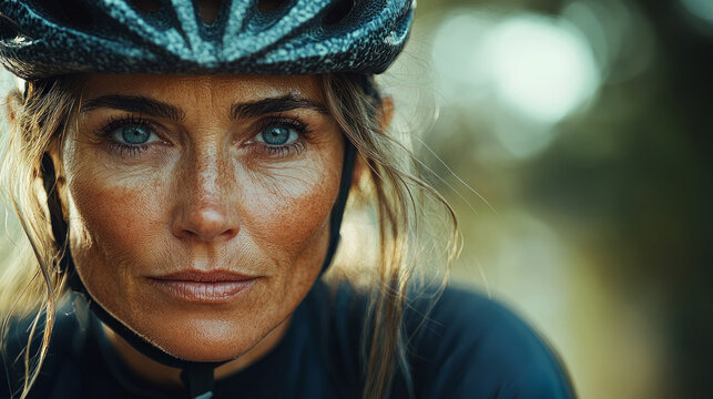 Woman cyclist portrait with intense gaze and helmet