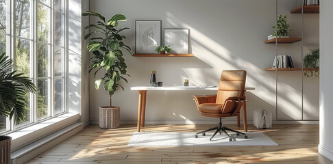 Sleek and minimalist home office setup with a sleek desk, ergonomic chair, minimalist decor, and ample natural light, offering a functional and aesthetic workspace.