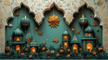 Festive paper cut design with layered lanterns and stars in various shades of green arranged symmetrically on a white and gold patterned background with room for text in the center