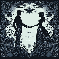 Adobe Illustrator Artwork, A silhouette of a woman and a woman in a dress in a floral print, A silhouette of a bride and groom in a floral frame, A poster for a wedding, A couple silhouette
