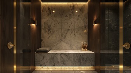 Tucked away in a secluded corner of the spa a private sauna beckons with its sleek marble and sleek brass fixtures.