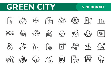 Line icons about green city. Sustainable development. Contains such icons as renewable energy, autonomous building, air and water quality.