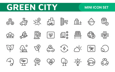 Line icons about green city. Sustainable development. Contains such icons as renewable energy, autonomous building, air and water quality.
