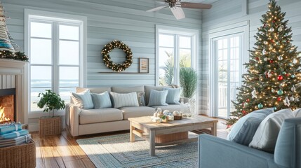 Naklejka premium Cozy holiday living room with a Christmas tree and ocean view.