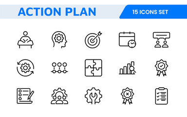 Line icons about action plan. Contains such icons as search strategy, target, scheme, timeline and workflow.Action plan set of web icons in line style. Strategy action planning icons.