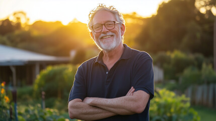 A joyful senior man standing in his backyard at golden hour, his face glowing with the warm light as he tends to his garden, embodying the simplicity and joy of retirement life.