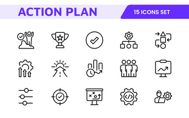 Line icons about action plan. Contains such icons as search strategy, target, scheme, timeline and workflow.Action plan set of web icons in line style. Strategy action planning icons.