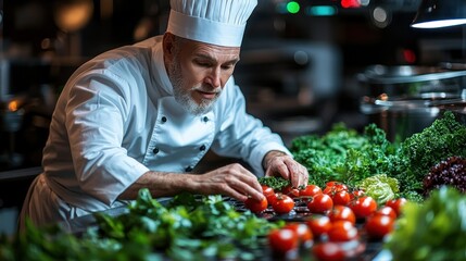 Senior chef arranging vegetables in modern kitchen.