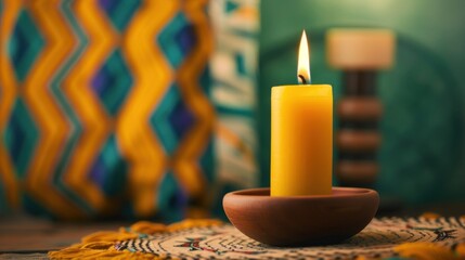 A single Kwanzaa candle burning brightly, with cultural symbols and African textiles as a backdrop
