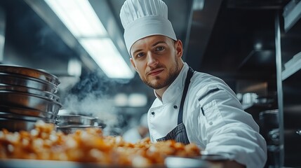 Focused chef preparing a meal in a bustling kitchen.