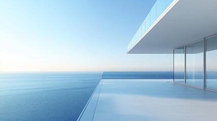 Fototapeta premium Modern balcony overlooking a serene ocean landscape.