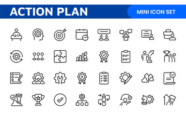 Line icons about action plan. Contains such icons as search strategy, target, scheme, timeline and workflow.Action plan set of web icons in line style. Strategy action planning icons.
