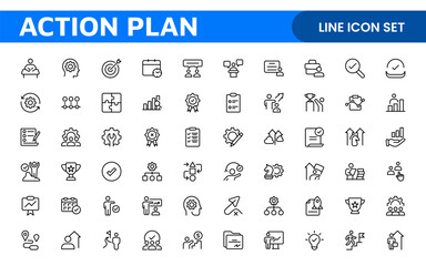 Line icons about action plan. Contains such icons as search strategy, target, scheme, timeline and workflow.Action plan set of web icons in line style. Strategy action planning icons.