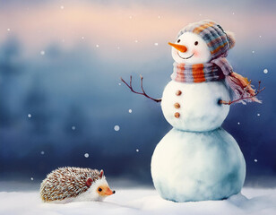 Obraz premium A minimalist snowman with only a scarf, with a tiny hedgehog in the corner,