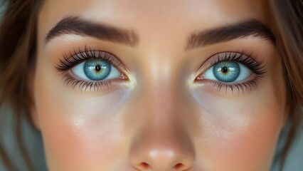 Naklejka premium a person’s face focusing on the blue eyes, with detailed eyelashes and eyebrows, highlighting the beauty and intricacy of human eyes