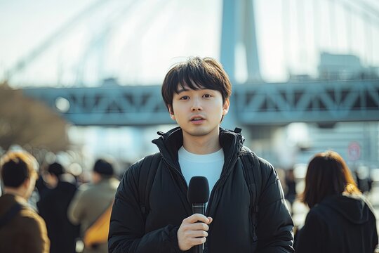 News reporter speaking with serious expression, holding microphone near bridge, wearing black jacket and white shirt.
