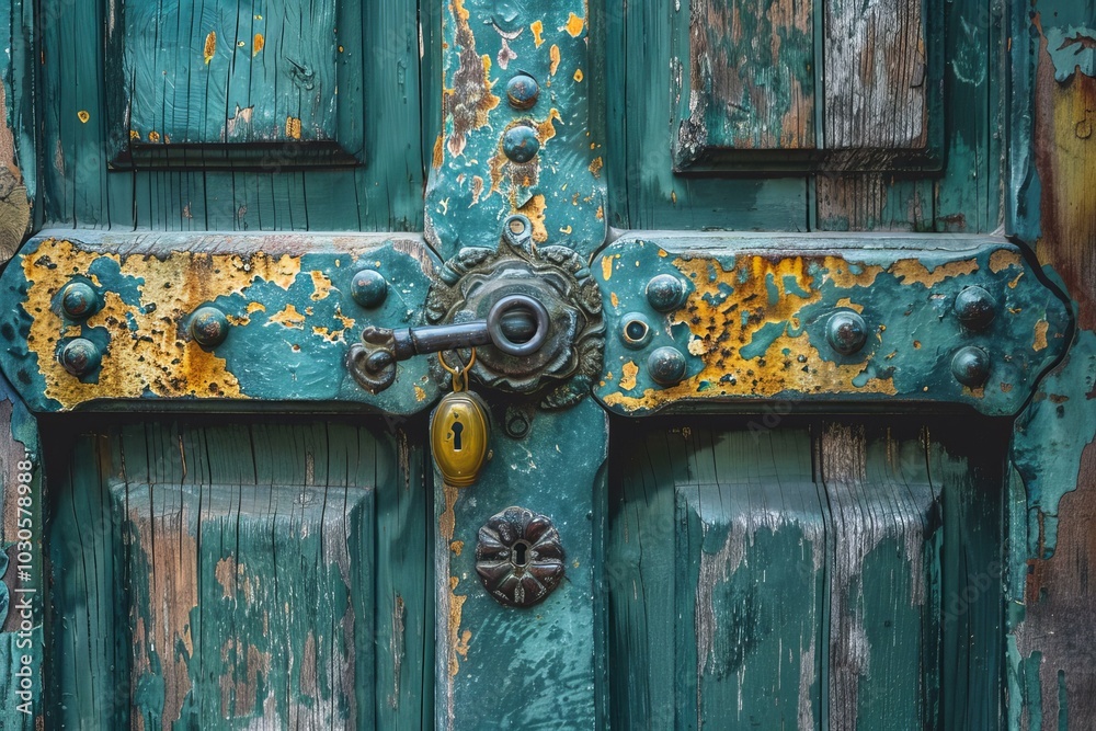 Wall mural old, weathered, green door with peeling paint showing an antique door handle and key