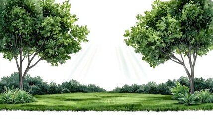 A watercolor landscape of a forest clearing with sunlight streaming through the trees, isolated on white background