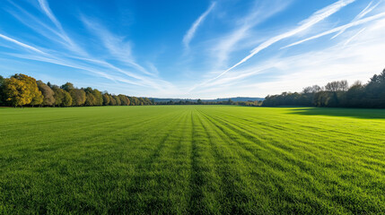 A sweeping green field stretching across the horizon under a bright blue sky, with a few wispy clouds drifting by, capturing the essence of nature&Atilde;&cent;&Acirc;&Acirc;s beauty and open freedom.