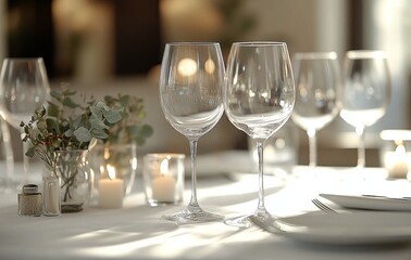 Elegant table setting for a wedding reception with candles and greenery in soft lighting