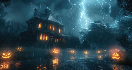 A Halloween scene with lightning bolt flashing across the dark, stormy sky. The lightning illuminates a spooky forest and a haunted house in the distance, casting eerie shadows.