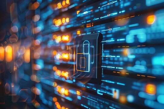 Padlock is securing data in a server room with binary code flowing