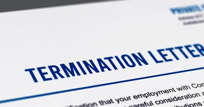 Termination letter close-up, dismissal notification, camera movement over paper form, footage