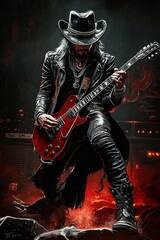 Fototapeta premium Blues guitarist playing guitar on stage. He is wearing black leather suit and leather hat. Illustrated grunge poster design. Generative Ai