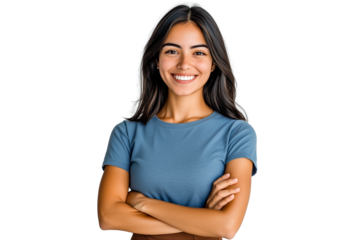 Young woman with a bright smile, long dark hair, and casual blue t-shirt, confidently posing in a headshot portrait, isolated PNG on transparent background.






