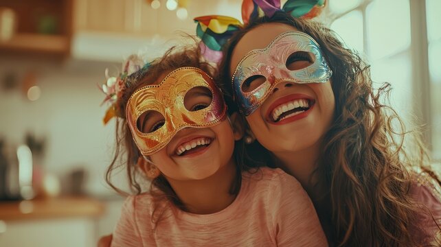 Mother and daughter wearing carnival masks