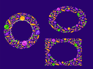 Halloween decorative candy frames set isolated background. Vector illustration round circle and oval
