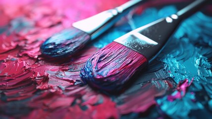 Fototapeta premium Vibrant colors of creativity exploring the artistic journey with brushes and paints on canvas