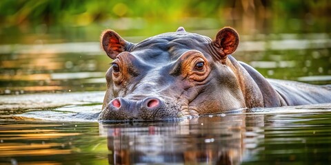 Fototapeta premium Hippopotamus swimming and diving in the river at a tilted angle