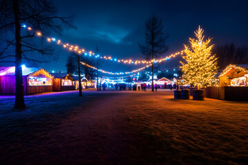 seen from distance empty christmas market & holiday decoration light at night; copy space