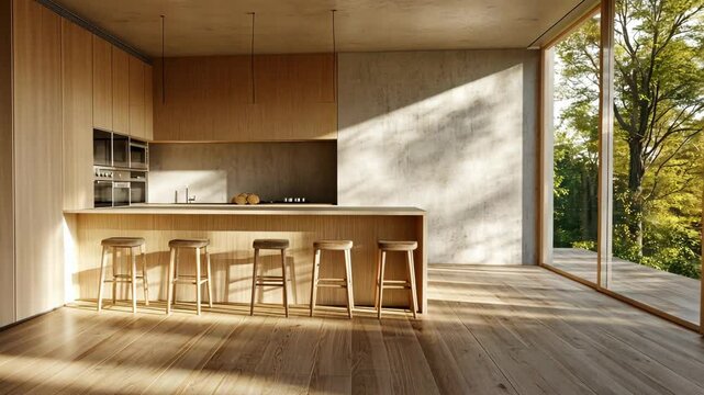 Sunlight streams through a large window in a modern kitchen, illuminating the wooden floor and countertop