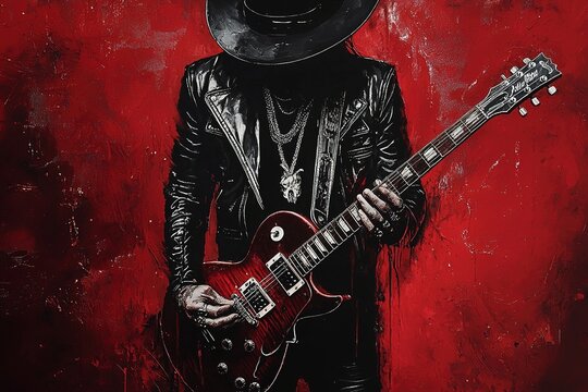 Blues guitarist playing guitar on stage. He is wearing black leather suit and leather hat. Illustrated grunge poster design. Generative Ai