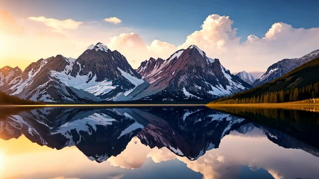 A majestic view of snow-capped mountains reflected in a still lake at sunrise