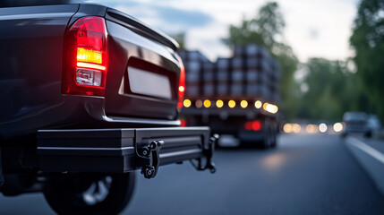 A rugged trailer hitch system connected to a car, with a trailer filled with cargo in the background, emphasizing the reliability of trailer coupling for business use.