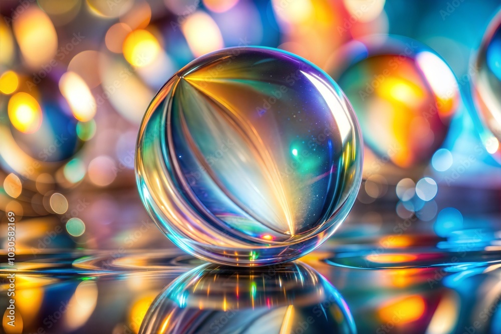 Wall mural single glass sphere on reflective surface with bokeh lights