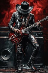 Blues guitarist playing guitar on stage. He is wearing black leather suit and leather hat. Illustrated grunge poster design. Generative Ai
