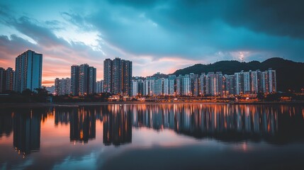 Obraz premium Cityscape Reflection at Sunset