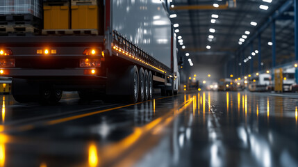 A trailer being loaded with goods in a warehouse, with the focus on the coupling device connecting the car and trailer, representing logistics, delivery, and secure cargo handling.