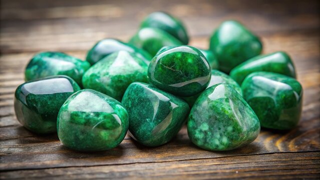 Holistic mystical healing crystals on a table with verdite green gemstones, representing health, wisdom, and power, with a silhouette