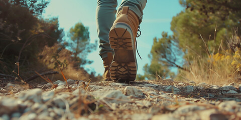 Naklejka premium Man in trekking boots walking on a backdrop of beautiful nature scenery. Adventure, hiking and active leisure.
