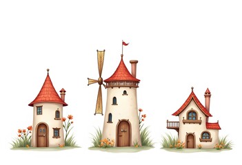 Fototapeta premium Medieval ancient buildings set of different kinds of traditional houses isolated illustration 
