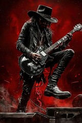 Fototapeta premium Blues guitarist playing guitar on stage. He is wearing black leather suit and leather hat. Illustrated grunge poster design. Generative Ai