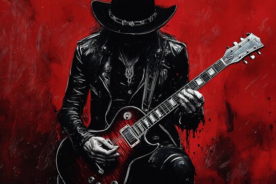 Blues guitarist playing guitar on stage. He is wearing black leather suit and leather hat. Illustrated grunge poster design. Generative Ai