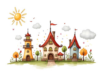 Obraz premium Medieval ancient buildings set of different kinds of traditional houses isolated illustration 