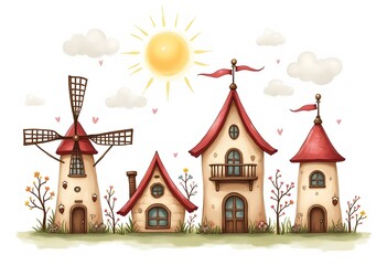Medieval ancient buildings set of different kinds of traditional houses isolated illustration
