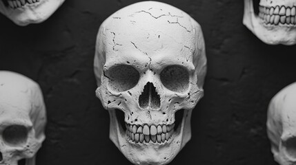 A group of white human skulls on a dark background.